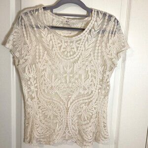 Pins and Needles Women's Ivory Cream Lace Blouse Top Sheer Size M Short Sleeves